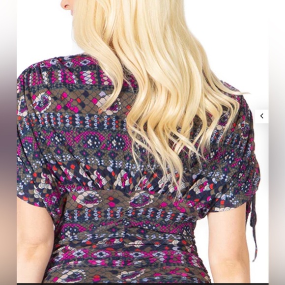 Vertigo the masai purple‎ combo Printed ruched V-Neck mini Dress size large new - Picture 5 of 8